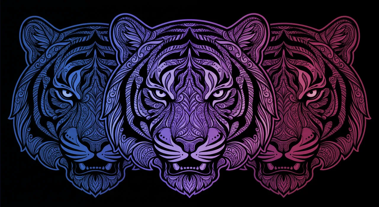 Three zentangle tiger heads, tinted blue, violet and pink from left to right